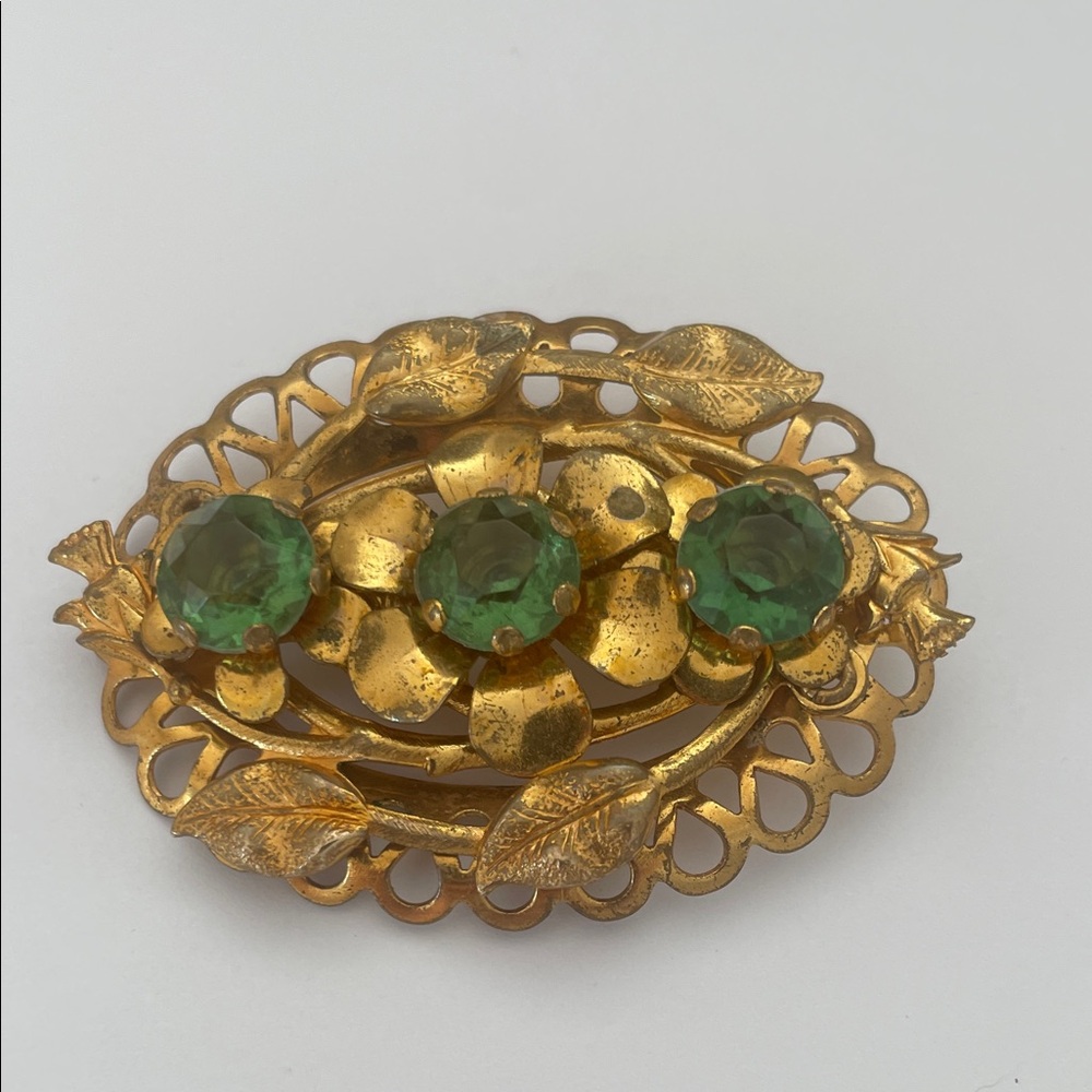 Vintage Thistle Floral Gold Tone Green Glass Brooch